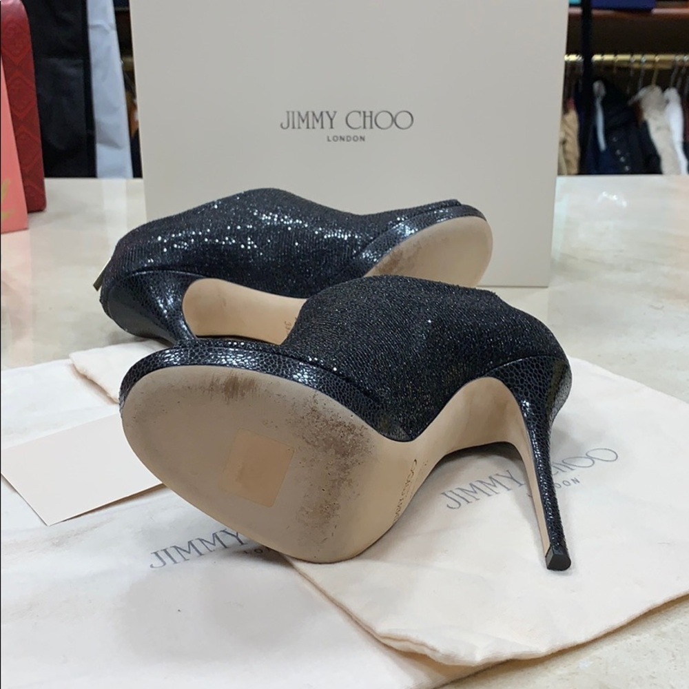 JIMMY CHOO GLINT BLACK KID LEATHER STILETTOS W/PLATFORM BOOTIES EU38.5 - Picture 7 of 8